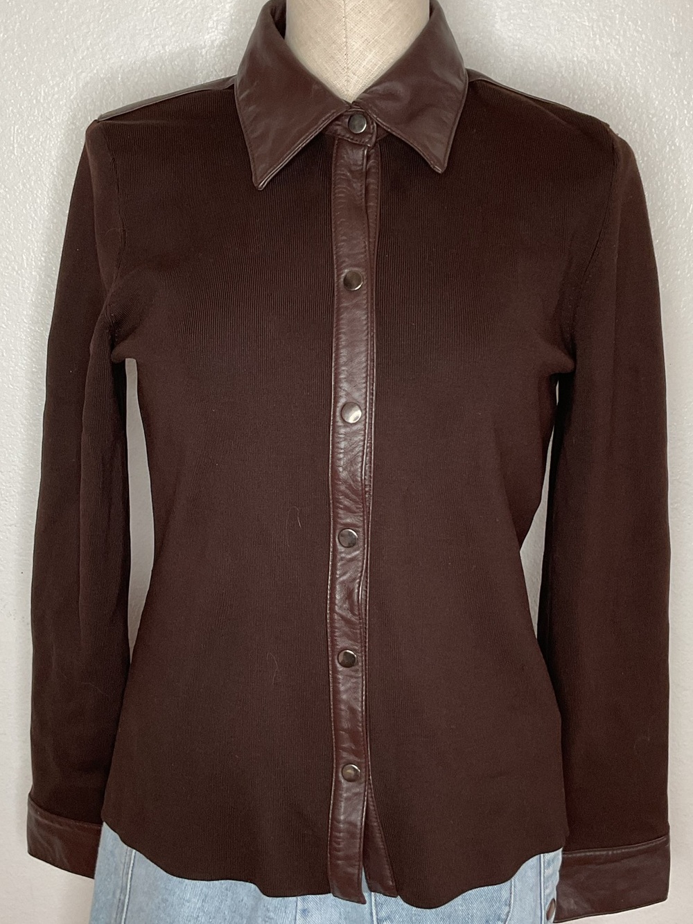 Cupio Silk Blend Leather Trim Snap Button Cardigan Sweater